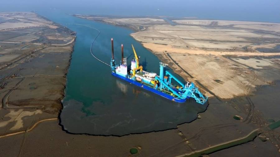 Dredger at work at the Matarbari deep sea port site, Bangladesh